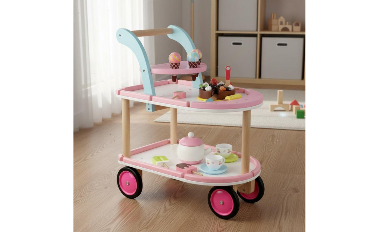 Wooden Ice Cream Cart Rolling Pretend Ice Cream Trolley Realistic Dessert Serving Fun Cart for Daycare