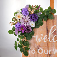 Twilight Purple Welcome Sign Flowers for Weddings - Rose and Dahlia Arch Floral Arrangement