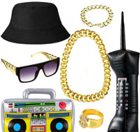 Hip Hop Gold Necklace Bracelet Black Bucket Hat Sunglasses Dollar Ring Party Costume Set