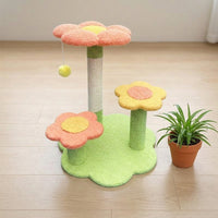 Cat Activity Tree with Floral Design and Sisal Rope Scratcher, Irregular Base Kitten Tree with Toys for Indoor Cats, Simple Style Blossom Post