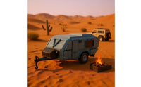 Blue-Gray Rugged-Road Travel Trailer Caravan Model Angular Body Miniature Caravan Model Single Axle Molded Panel Lines