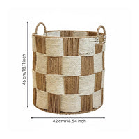 Woven Laundry Hamper Handwoven Round Blanket Basket Sturdy Handles Checkered Storage Bin for Living Room