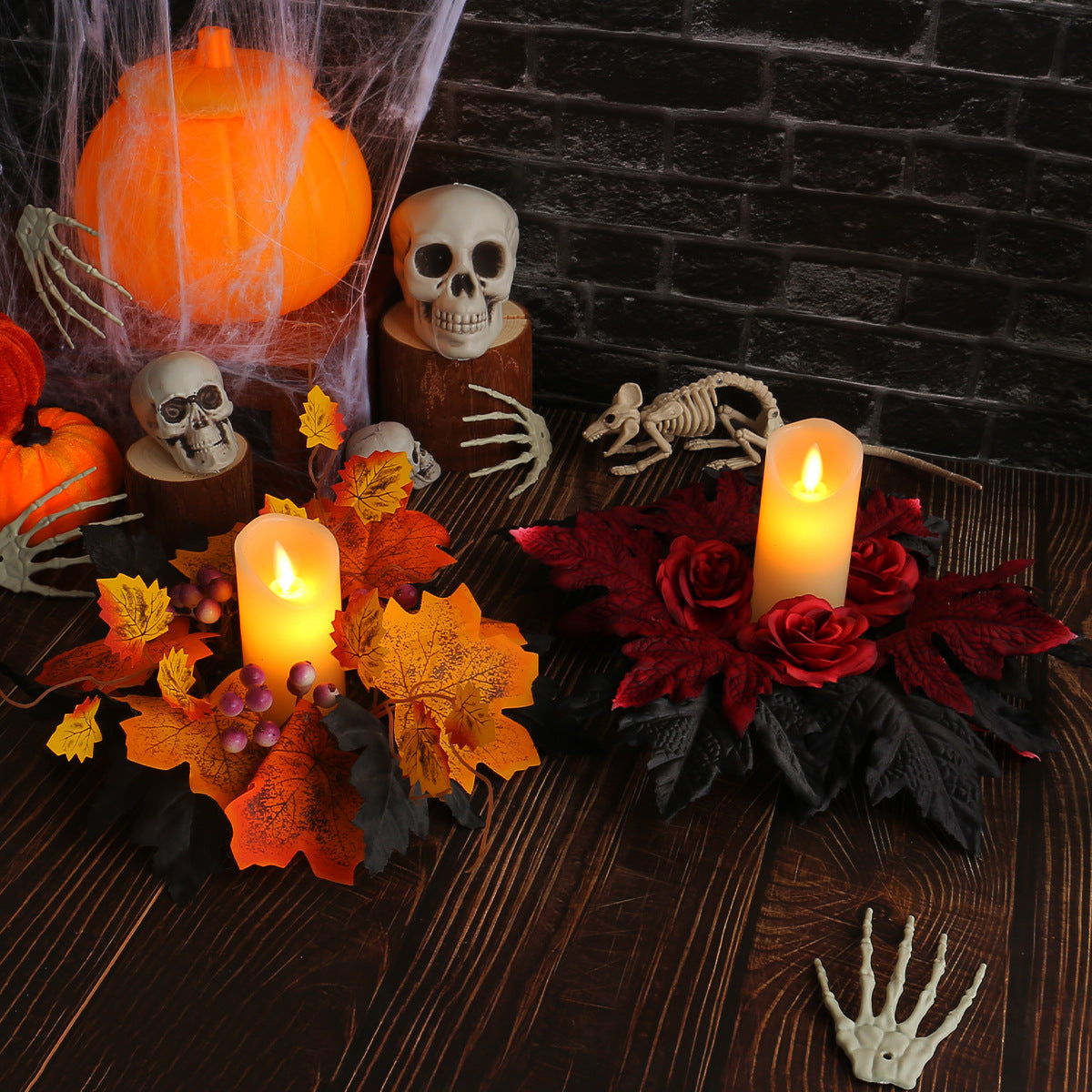 Halloween Candle Wreath with Maple Leaves and Roses for Table Decor