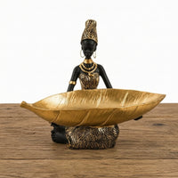 Figurine with Tray Black and Gold Catchall Tray Statue Resin Sculpture Unique for Entryway, Console Table
