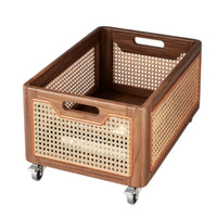 Wooden Basket with Rattan Panels Walnut Finish Organizer Farmhouse for Vanity