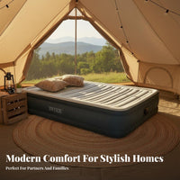 Luxury Double tier Air Mattress, Flocked Inflatable Bed with Built-in Electric Pump, Grey cream, Double Size