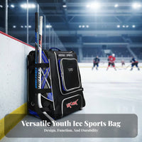 Kids Ice Sports Gear Bag, Inline Sports Equipment Trolley, Sit-On Suitcase, Black Orange