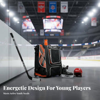Kids Ice Sports Gear Bag, Inline Sports Equipment Trolley, Sit-On Suitcase, Black Orange
