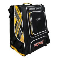 Kids Ice Sports Gear Bag, Inline Sports Equipment Trolley, Sit-On Suitcase, Black Orange