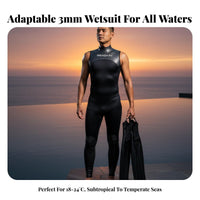 Men's 3mm Sleeveless Wetsuit, Full Torso, Rear Zip, Semi-High Neck, Sleek Skin, UPF50+