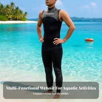 Men's 3mm Sleeveless Wetsuit, Full Torso, Rear Zip, Semi-High Neck, Sleek Skin, UPF50+