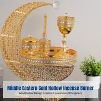 Arabic Style Incense Burner Set, Gold Hollow Iron Craft, Middle Eastern Home Decor Charcoal Holder