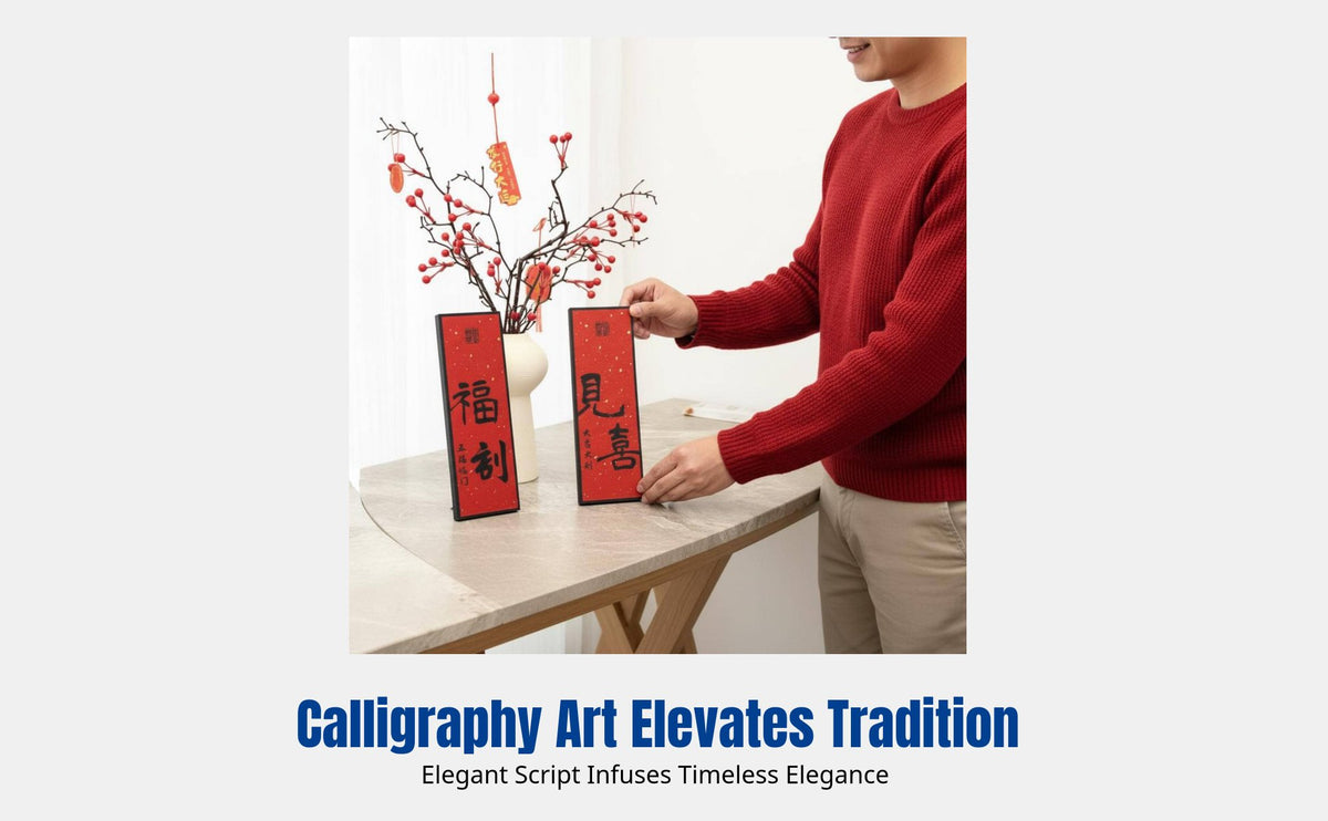 Blessing Calligraphy Desktop Decor, Entryway Art Plaque, New Year Housewarming Decoration, Modern Oriental Design, TV Cabinet Accent