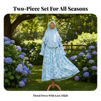 Girls Long Sleeve Floral Dress, Autumn Winter Muslim Outfit, Round Neck, Lace Headscarf