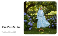 Girls Long Sleeve Floral Dress, Autumn Winter Muslim Outfit, Round Neck, Lace Headscarf