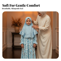 Girls Long Sleeve Floral Dress, Autumn Winter Muslim Outfit, Round Neck, Lace Headscarf