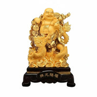 Gold Maitreya Buddha Statue, mystical guardian Turtle, Wealth God, Resin Decor for Home, Business, Shop