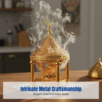 Hollow Carved Alloy Incense Burner, Gold Silver, Middle Eastern Arabic Style, Decorative, Easy to Use