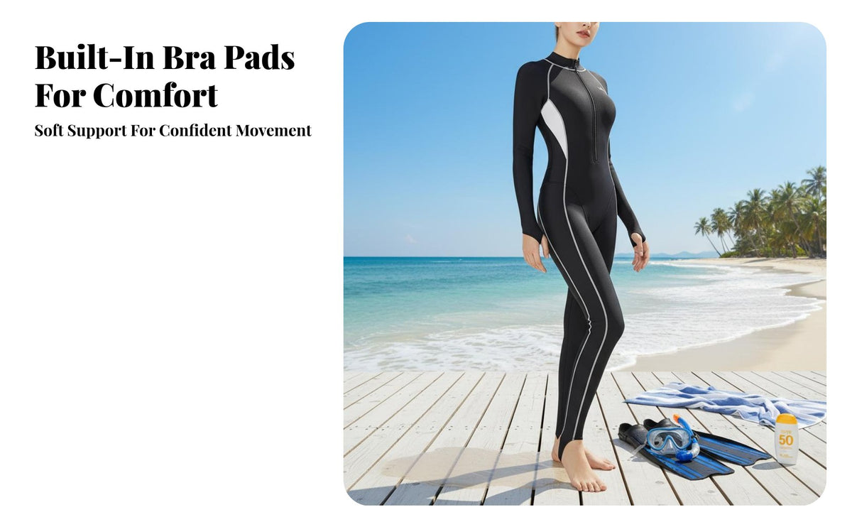 Full Coverage Swimsuit, Long Sleeve Zip Rash Guard, Sun Protection, Chest Pad