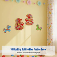 Chinese New Year Glass Sticker, 3D Flocked Gold Cartoon Horse, Seasonal Holiday Decoration, Zodiac 2026, Living Room Decor