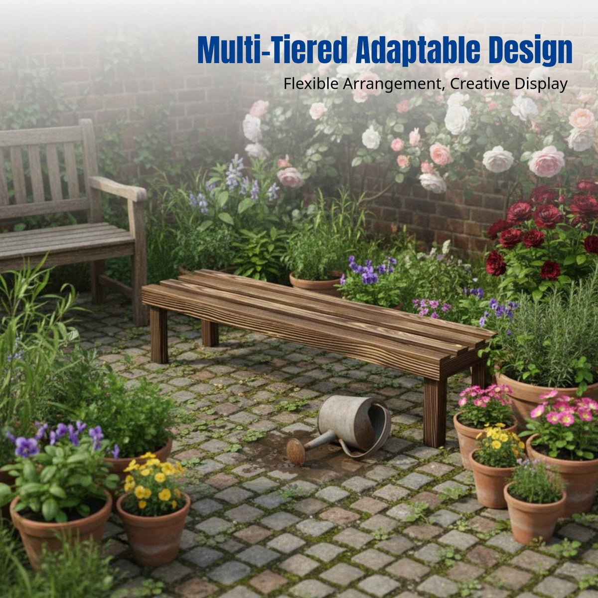 Wooden Stand, Carbonized Multi-Tier Step Shelf, Indoor Outdoor Plant Holder, Anti-Tip Storage Rack