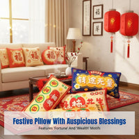 New Year Throw Pillow, Chinese Style Sofa Pillow, Blessing Cartoon, Crystal Plush, Removable Cover, Festive Home Decor