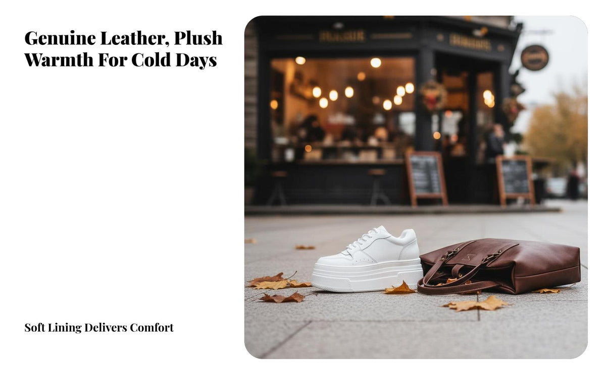 Cream Platform Sneakers, Hidden Sole, Leather, Plush Lining, Breathable, Autumn Winter