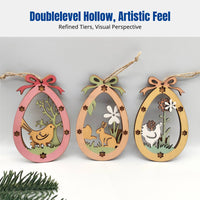 Holiday Festive Decor, Wooden Bunny Oval Ornament, Double-Layer Hollow Wood Hanging Tag