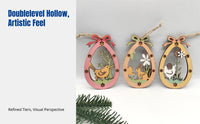 Holiday Festive Decor, Wooden Bunny Oval Ornament, Double-Layer Hollow Wood Hanging Tag