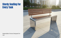 Outdoor Stainless Steel Wood Bench, Minimalist Public Seating, Modern Relaxed Garden Furniture