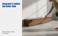 Walnut Wood Narrow TV Stand, Modern Minimalist Living Room Cabinet, Space-Saving Storage Unit, Coffee Table Combo