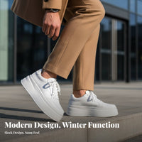 Men's Winter elevated athletic shoes, Faux Leather Thick Sole, Lace-Up cream relaxed Shoes, Warm Lined, Height Increasing