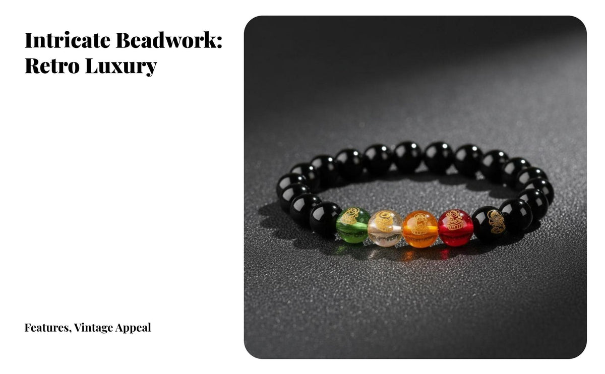 black stone Five Fortune Bracelet, Unisex, Carved fortunate Beads, Birthday Year, Oriental Accessory