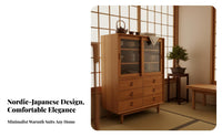 Japanese Reddish-Brown Wood Sideboard, Nordic Style, Fluted Glass Doors, Dustproof Storage Cabinet, Multipurpose Buffet