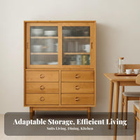 Japanese Reddish-Brown Wood Sideboard, Nordic Style, Fluted Glass Doors, Dustproof Storage Cabinet, Multipurpose Buffet