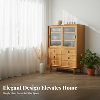 Japanese Reddish-Brown Wood Sideboard, Nordic Style, Fluted Glass Doors, Dustproof Storage Cabinet, Multipurpose Buffet