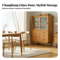 Japanese Reddish-Brown Wood Sideboard, Nordic Style, Fluted Glass Doors, Dustproof Storage Cabinet, Multipurpose Buffet