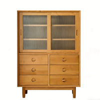 Japanese Reddish-Brown Wood Sideboard, Nordic Style, Fluted Glass Doors, Dustproof Storage Cabinet, Multipurpose Buffet