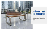 Outdoor Bench, Stainless Steel Wood Garden Chair, Minimalist Design, Public Seating