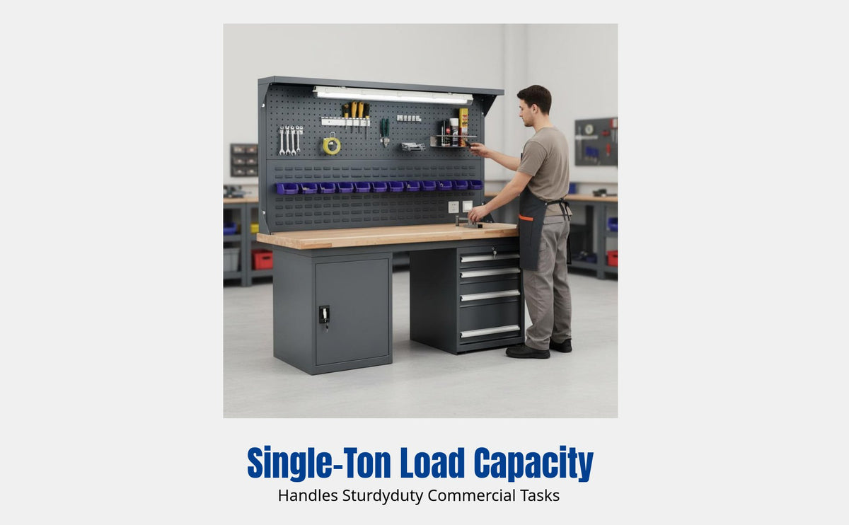 Heavy-Duty Wood Workbench, Steel Table, Thick Beech Top, Drawer Storage, Maintenance