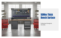 Heavy-Duty Wood Workbench, Steel Table, Thick Beech Top, Drawer Storage, Maintenance