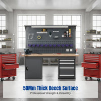 Heavy-Duty Wood Workbench, Steel Table, Thick Beech Top, Drawer Storage, Maintenance