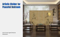 Modern Chinese Folding Screen Divider, Fabric Panel, Movable Partition, Artistic Watercolor, for Living Room, Bedroom, Office, Hotel