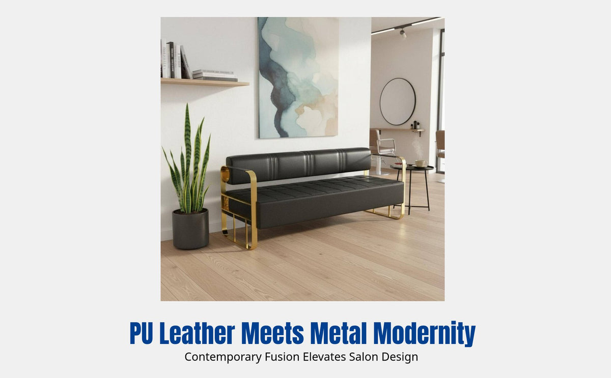 Modern Minimalist Sofa Chair for Waiting Area, Long Bench, Commercial Leather Seating, Metal Frame, Hair Salon Lounge, Luxury Design