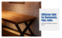 Utilitarian Dining Table, Rectangular Commercial Table, Thick Board, Steel Frame, for Restaurant, Bar, Cafe, Fast Food Shop