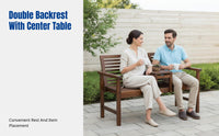 Outdoor Hardwood Patio Table and Chairs, Carbonized Double Backrest Bench with Tea Table, Garden Leisure Chair