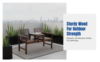 Outdoor Hardwood Patio Table and Chairs, Carbonized Double Backrest Bench with Tea Table, Garden Leisure Chair