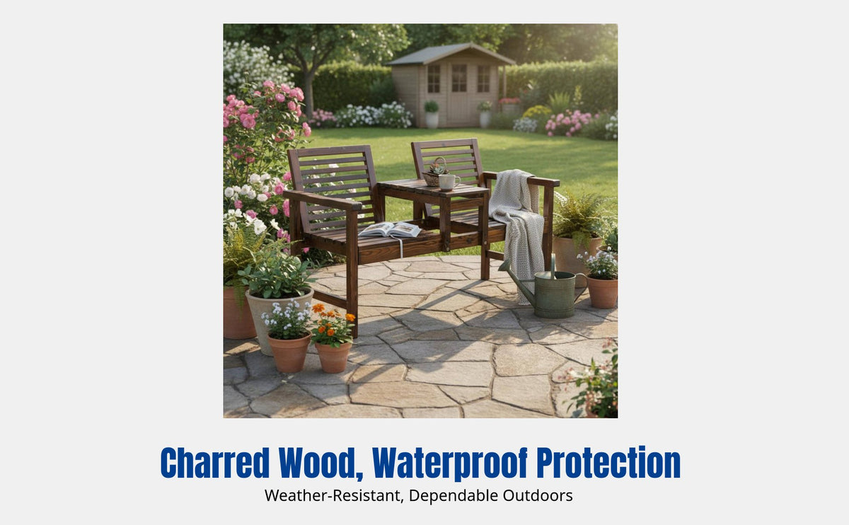 Outdoor Hardwood Patio Table and Chairs, Carbonized Double Backrest Bench with Tea Table, Garden Leisure Chair