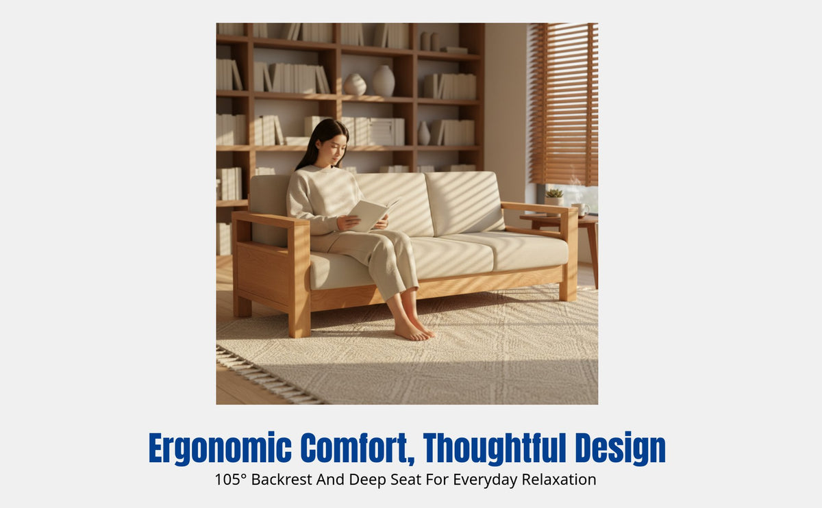 Sturdy Oak Sofa, Modern Minimalist Three-Seater, Small Apartment Couch, Nordic Design
