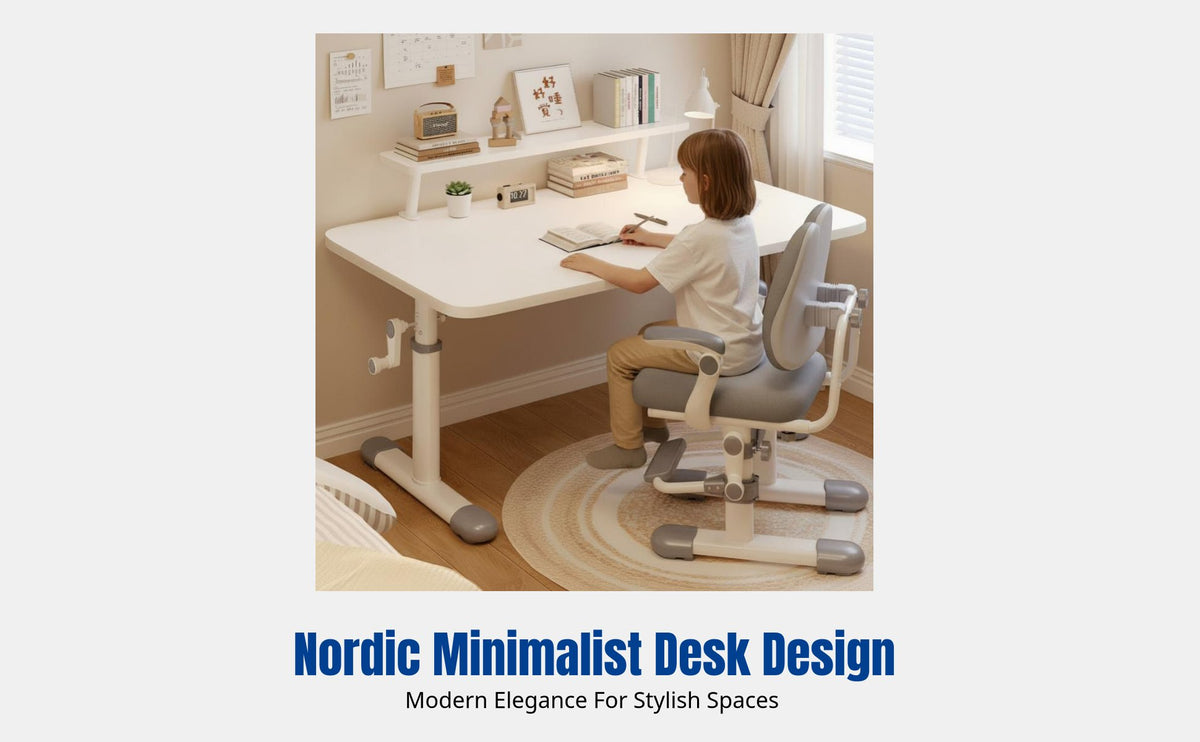 Hand Crank Adjustable Desk and Chair Set, Office Study Table, Nordic Design, Spacious Metal Workstation for Home Office or Study Room